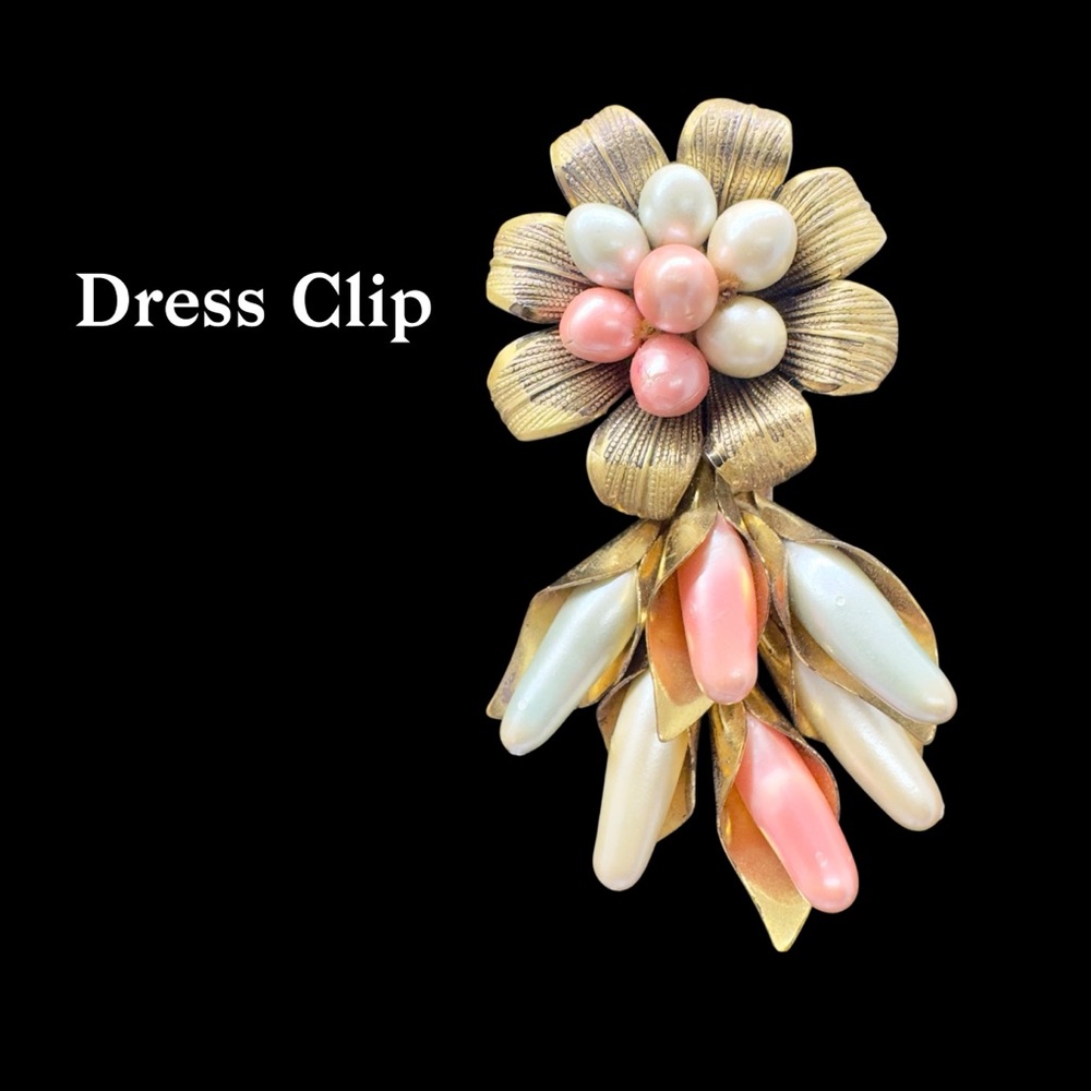 Vintage Peaches & Cream Faux Pearl & Brass Floral Dress Clip